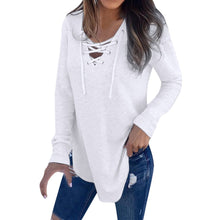 Load image into Gallery viewer, Shirt Women 2020 White Solid V Neck Strap Long Sleeve Shirt Top Autumn Blouse Casual Women&#39;s Clothes Ropa De Mujer
