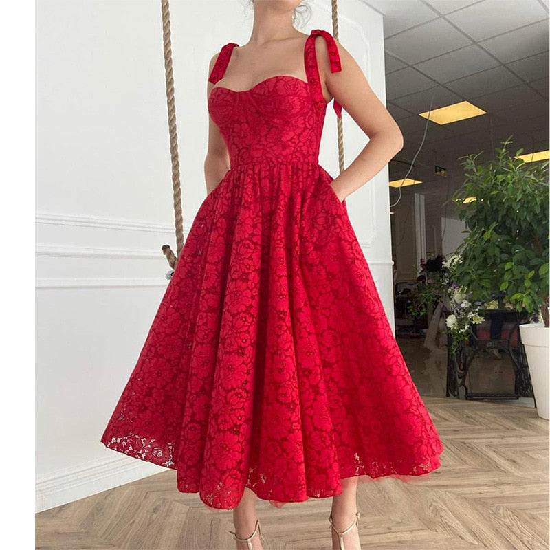 Vintage Fashion Red Spaghetti Strap Ball Gown Lady Sexy Prom Party Dresses Graduation Tea-Leagth Robe Bridesmaid Vestido