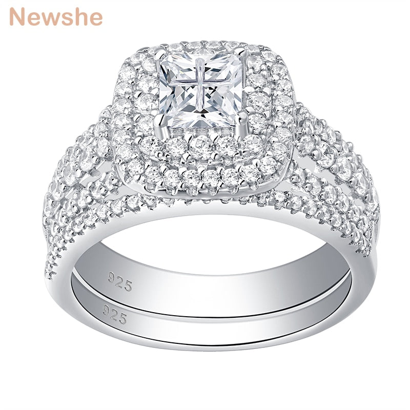 Newshe 925 Sterling Silver Halo Wedding Ring Set For Women Elegant Jewelry Princess Cross Cut Cubic Zirconia Engagement Rings