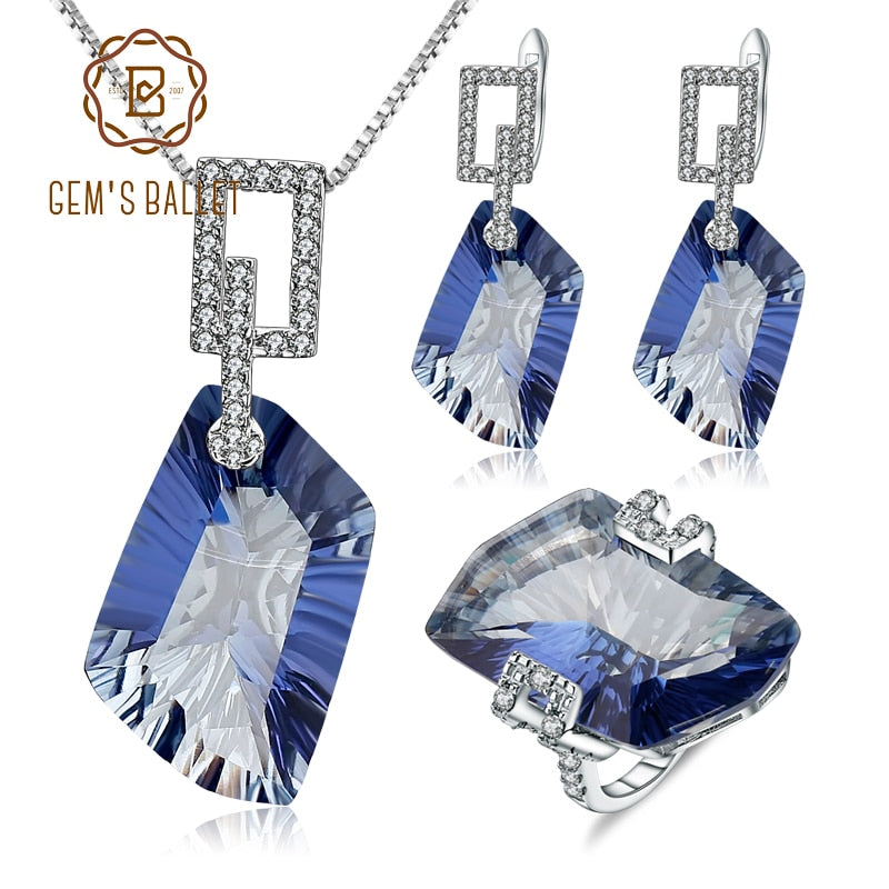 GEM'S BALLET 63.59Ct 925 Sterling Silver Necklace Earrings Ring Set Natural Iolite Blue Mystic Quartz Jewelry Set For Women