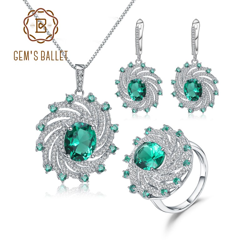 GEM'S BALLET Luxury Nano Emerald Vintage Jewelry Set 925 Sterling Silver Ring Earrings Pendant Sets For Women Fine Jewelry
