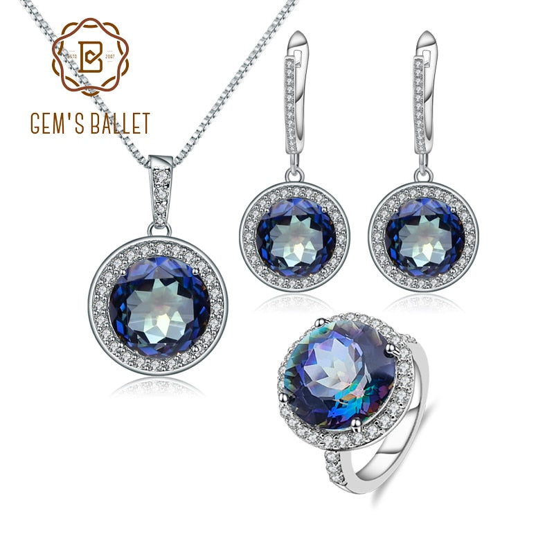 GEM'S BALLET Natural Blueish Mystic Quartz Jewelry Set Real 925 Sterling Silver Pendant Earrings Ring Set For Women Fine Jewelry
