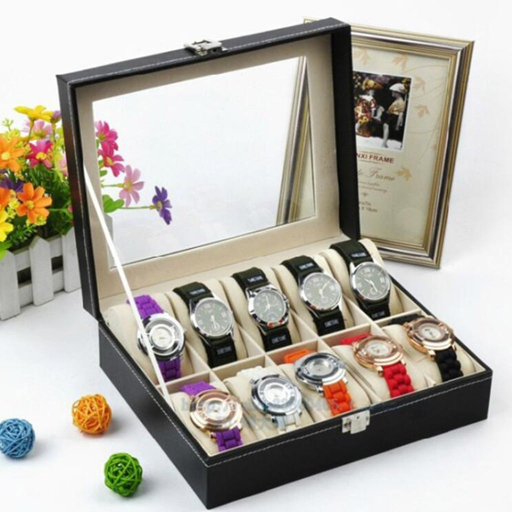 10 Slots Retro PU Watch Box Case Organizer Display for Men Women, Brilliant PU Box with Soft Leather Pillows