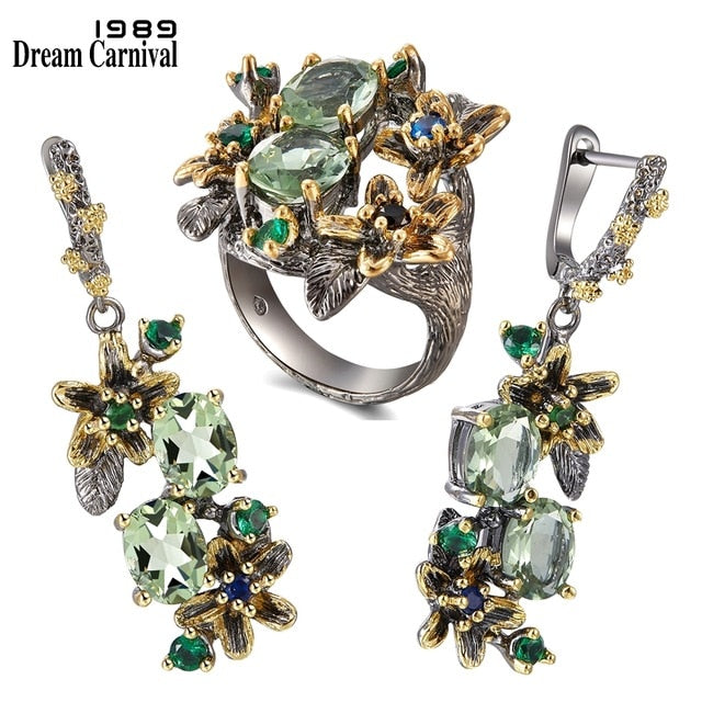 DreamCarnival 1989 Feminine Stunning Green Zircon Earring Rings Set Engagement Party Jewel Eye Catching Olivine Flower ER3874S2