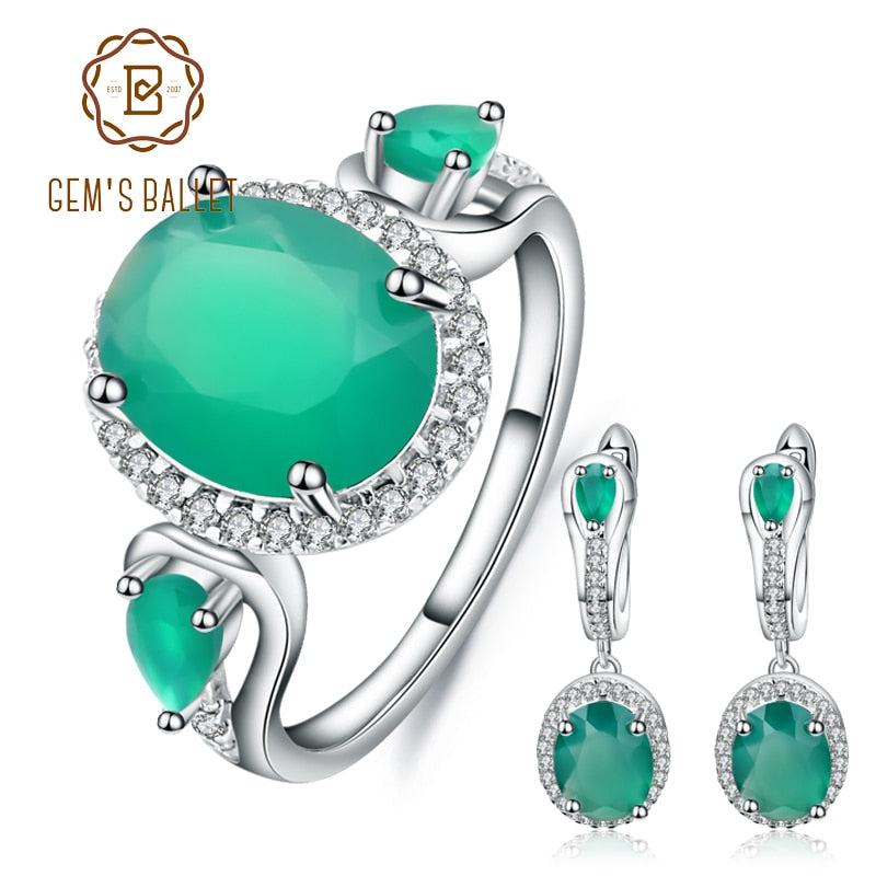 GEM'S BALLET Natural Oval Green Agate Jewelry Set 925 Sterling Silver Vintage Earrings Ring Set For Women Wedding Jewelry