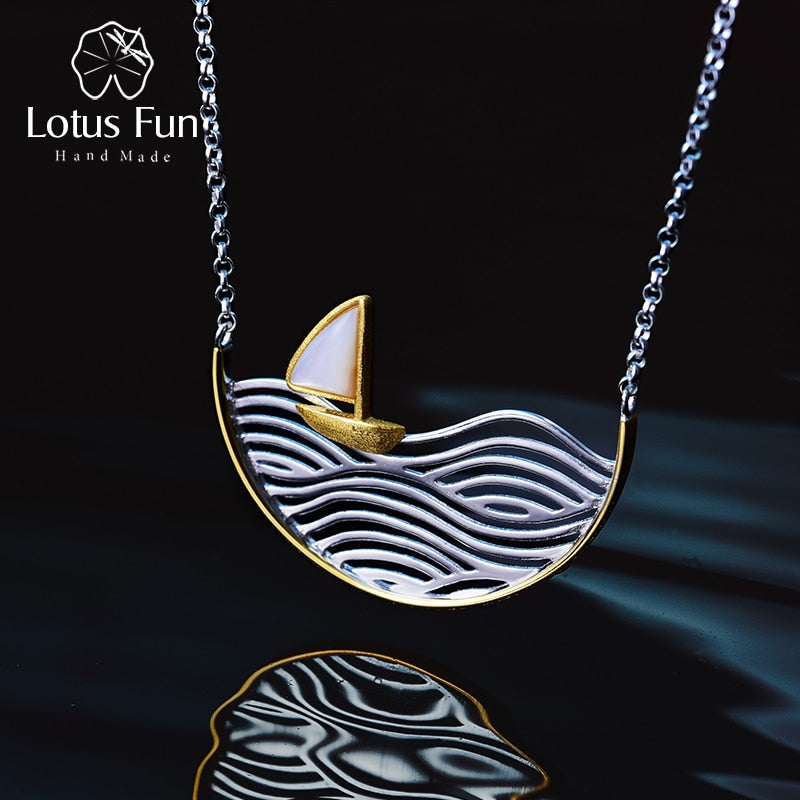 Lotus Fun Real 925 Sterling Silver Handmade Designer Fine Jewelry Creative Gold Sailboat Necklace for Women Acessorio Collier