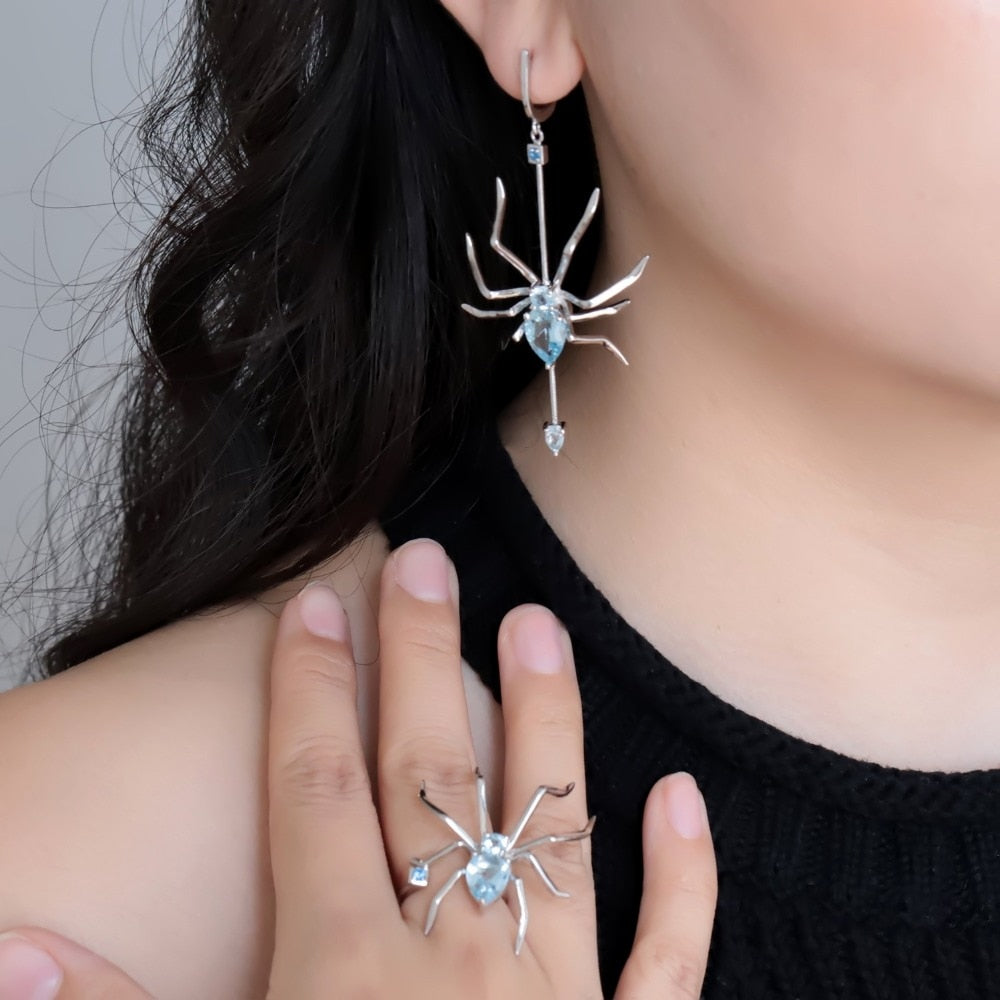 GEM'S BALLET 925 Sterling Silver Spider Jewelry Set For Women Kit 8.83Ct Natural Sky Blue Topaz Gemstone Earrings Ring Sets