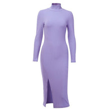 Load image into Gallery viewer, WannaThis Sexy Knee-Length Party Dresses Cotton Ribbed Knitted Turtleneck Solid Split Long Sleeve Autumn Mock Neck Elegant Dress
