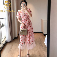 Load image into Gallery viewer, Sexy V-Neck Belt Strawberry Hot stamping Short Sleeve Party Mid-Length Dress Net Yarn Summer New Women&#39;S Clothing
