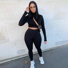 Load image into Gallery viewer, 2020 Winter Women Sport Fitness 2 Two Piece Set Outfits Long Sleeve Crop Tops Tshirt Leggings Pants Set Bodycon Tracksuit
