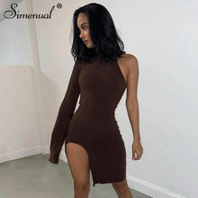 Load image into Gallery viewer, Simenual One Shoulder Long Sleeve Women Bodycon Party Dresses Side Slit Autumn Fashion Sexy Skinny Clubwear Mini Dress Solid Hot
