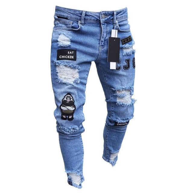 Men's Broken Hole Embroidered Pencil jeans Slim Men Trousers Casual Thin  Denim Pants Classic Cowboys Young Man Jogging Pants