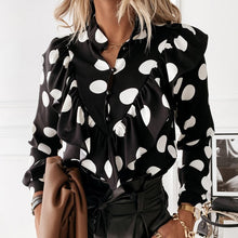 Load image into Gallery viewer, Elegant Polka Dot Ruffle blouse shirts Women Autumn Long Sleeve V-Neck Pullover Tops Office Lady Casual Button Plus Size blusa
