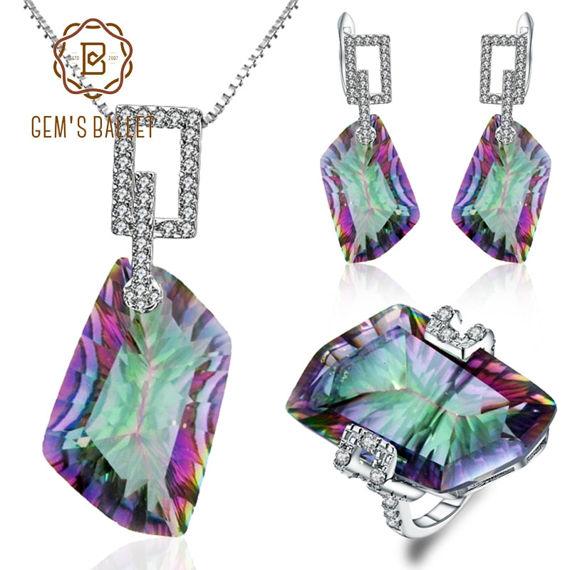 GEM'S BALLET Natural Irregular Rainbow Mystic Quartz Jewelry Sets 925 Sterling Silver Necklace Earrings Ring Set
