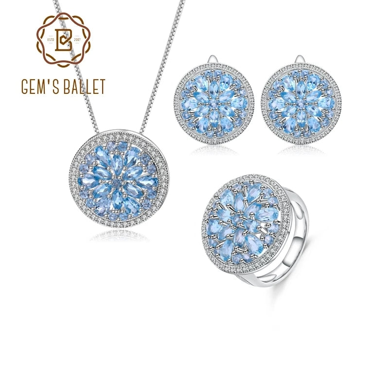 GEM'S BALLET Natural Swiss Blue Topaz Gemstone Jewelry Sets 925 Sterling Silver Gorgeous Earrings Ring Pendant Set For Women