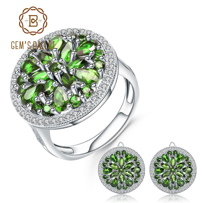GEM'S BALLET 10.52Ct Natural Chrome Diopside Earrings Ring Set 925 Sterling Silver Round Gemstone Jewelry Set For Women