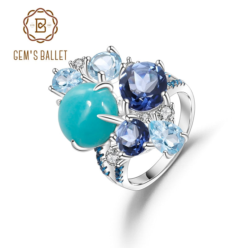 GEM'S BALLET 925 Sterling Silver Candy Geometric Rings Natural Amazonite Sky Blue Topaz Quartz Gemstone Ring for Women Jewelry
