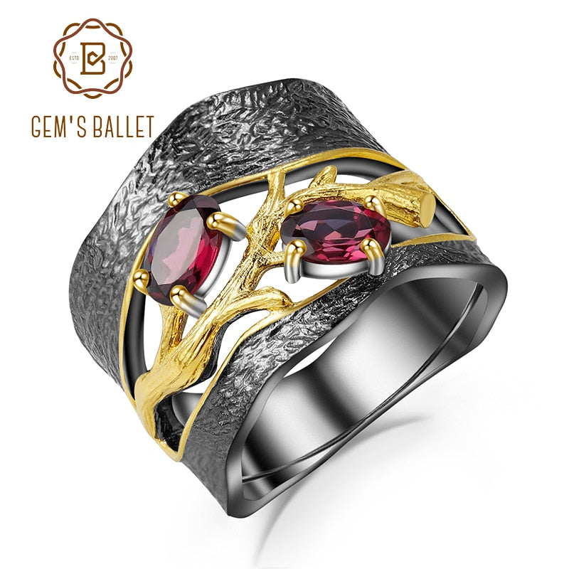 GEM'S BALLET 925 Sterling Silver Original Handmade Branch Rings Natural Rhodolite Garnet Gemstones Ring for Women Fine Jewelry