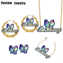 Load image into Gallery viewer, Be Honey Personalised Custom Name Character Unicorn Necklace Kids Bamboo Earrings Cartoon Bracelet Children Jewelry Set

