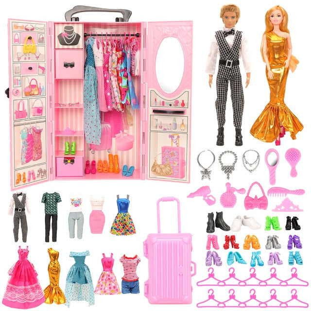 Fashion Cheap 43 Items/lot Kids Toys= Wardrobe  + 42 Doll Accessories Dress Shoes Hanger Bags Dolls Furniture For Barbie Game