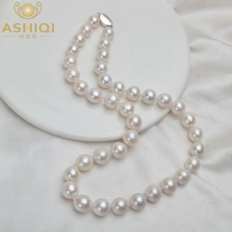 ASHIQI 10-12mm Big Natural Freshwater Pearl Necklace Real 925 Sterling Silver Clasp White Round Pearl Jewelry for Women Gift
