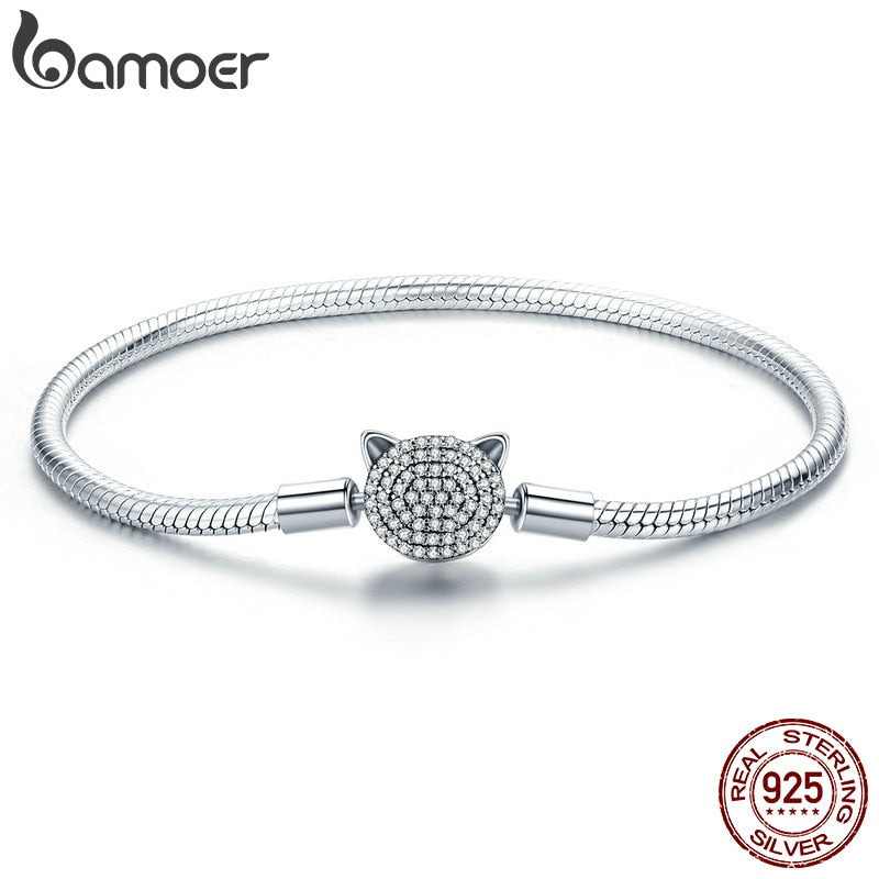 BAMOER 100% 925 Sterling Silver Cute Cat Glittering CZ Snake Strand Chain Bracelets for Women Sterling Silver Jewelry SCB053