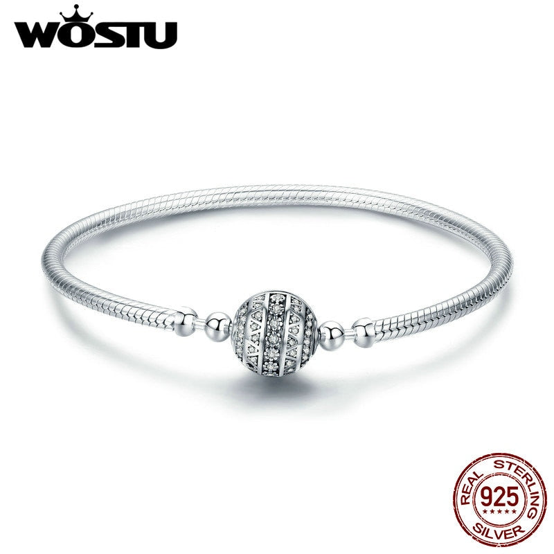 WOSTU Real 925 Sterling Silver Sparkling Ball Bracelet & Bangles For Women Fit DIY Charms Beads Original Jewelry Gift CQB062