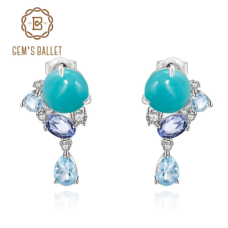 GEM'S BALLET Natural Amazonite Blue Topaz Gemstone Stud Earrings For Women 925 Sterling Silver Handmade Removable Earrings