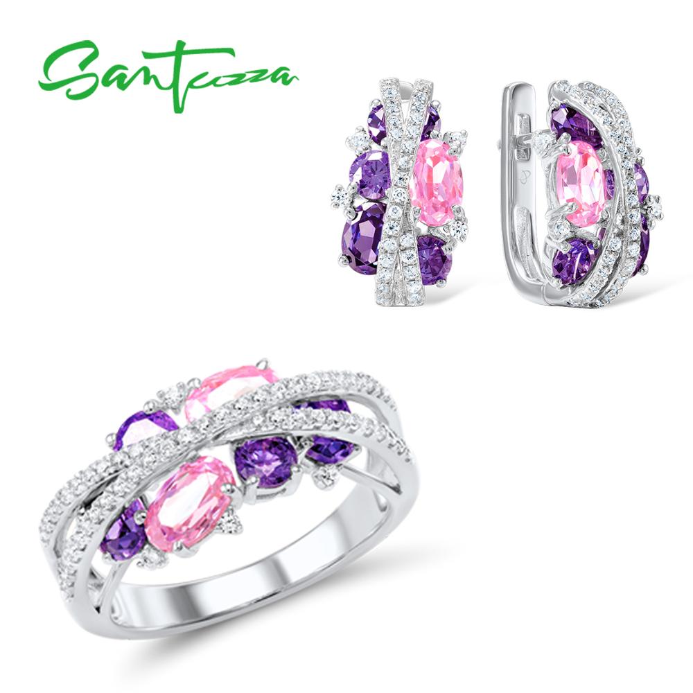 SANTUZZA 925 Silver Jewelry Set for Women Sparkling Purple Amethyst Pink Cubic Zirconia Earrings Ring Set Luxury Fine Jewelry