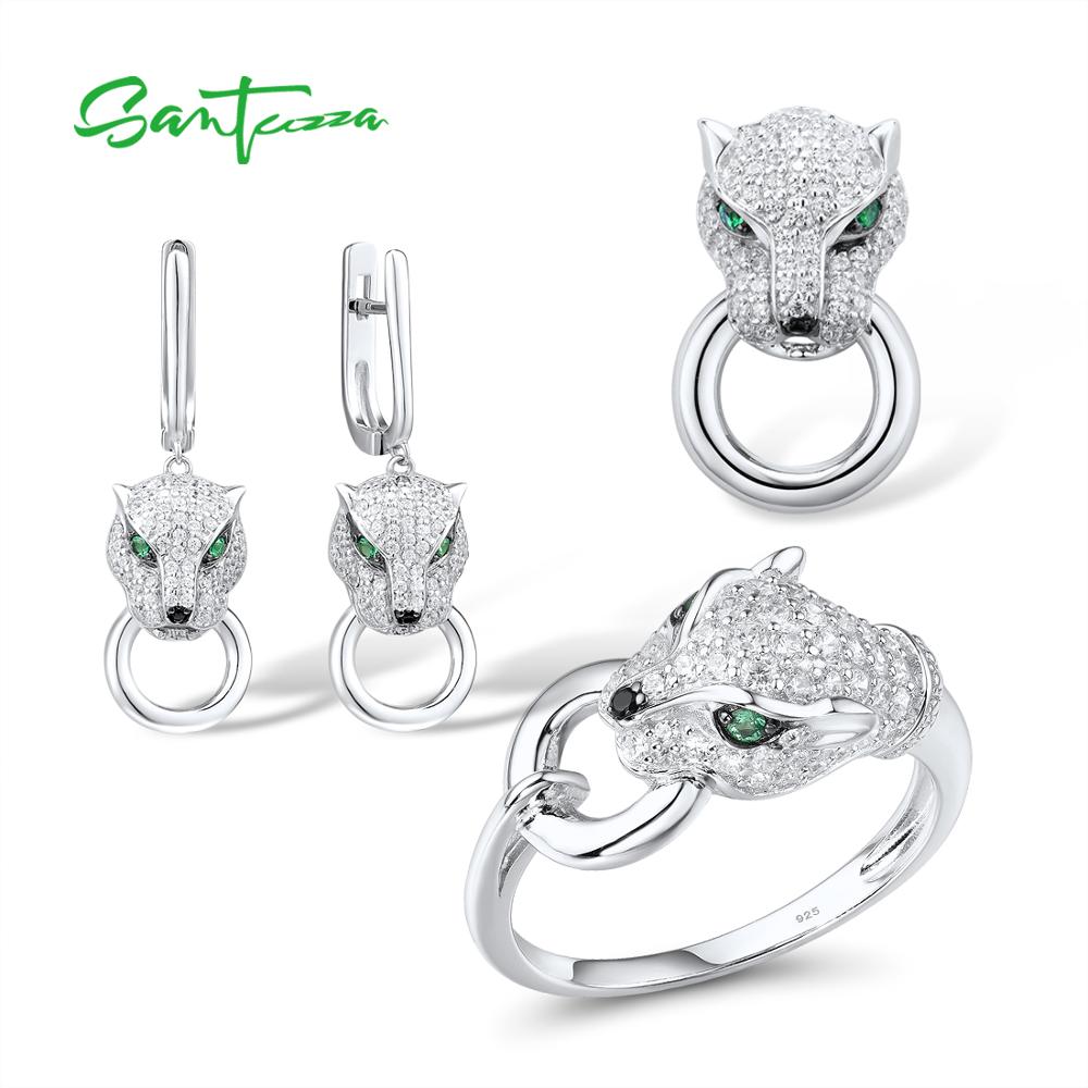 SANTUZZA Silver Jewelry Set For Women Pure 925 Sterling Silver Trendy Panther Ring Earrings Pendant Set White CZ Fashion Jewelry