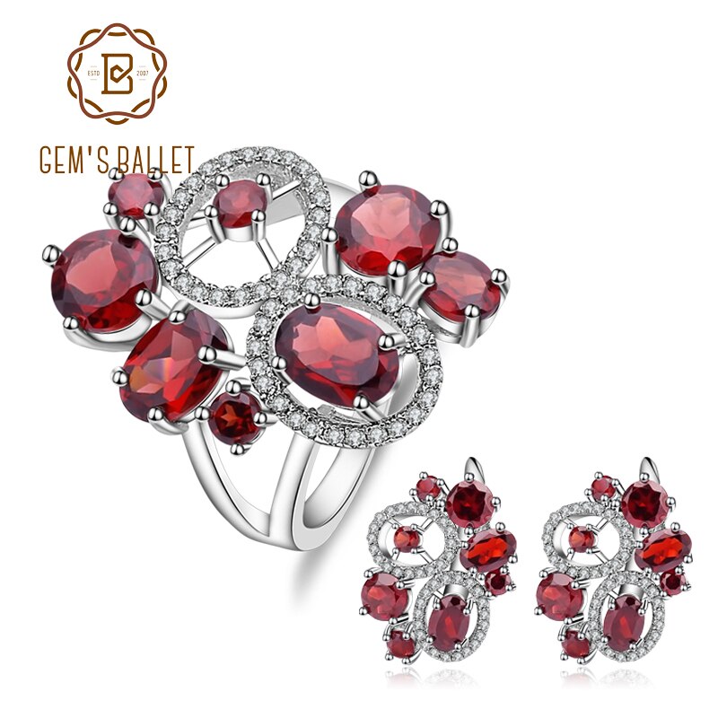 GEM'S BALLET Natural Red Garnet Vintage Flower Jewelry Set 925 Sterling Silver Earrings Ring Sets For Women Gemstone Jewelry
