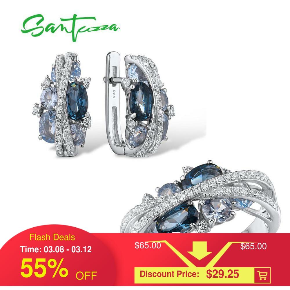 SANTUZZA Genuine 925 Silver Jewelry Set For Women Sparkling Blue Spinel Earrings Ring Set Delicate Luxury Party Fine Jewelry