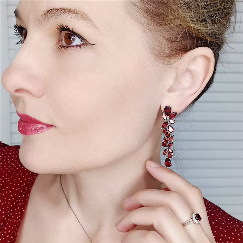 GEM'S BALLET 925 Sterling Sliver Leaves Elegant Drop Earrings For Women Engagement 20.35Ct Natural Red Garnet Earrings Jewelry
