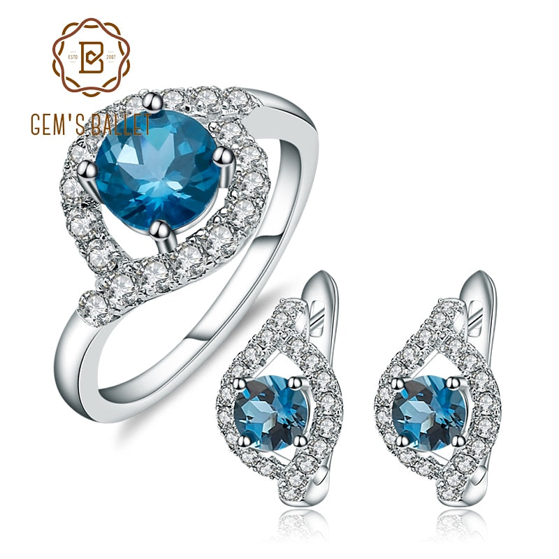 GEM'S BALLET Natural London Blue Topaz Gemstone Rings Clip Earrings Genuine 925 Sterling Silver Fine Jewelry Set For Women Gift