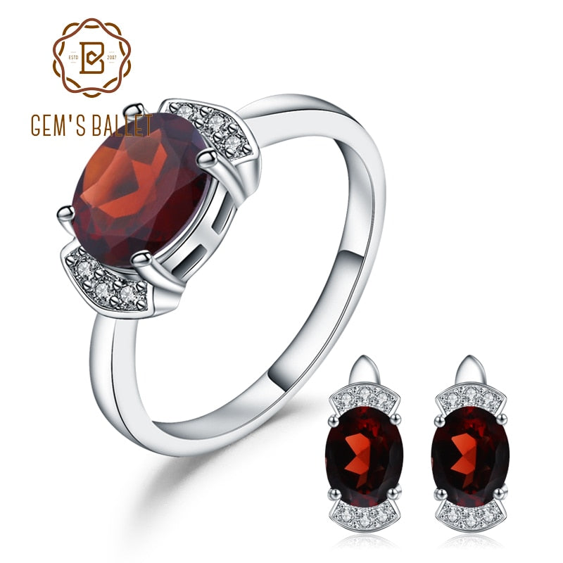 GEM'S BALLET Natural Gemstone Red Garnet Ring Earrings Jewelry Set For Women 925 Sterling Silver Classic Engagement Jewelry