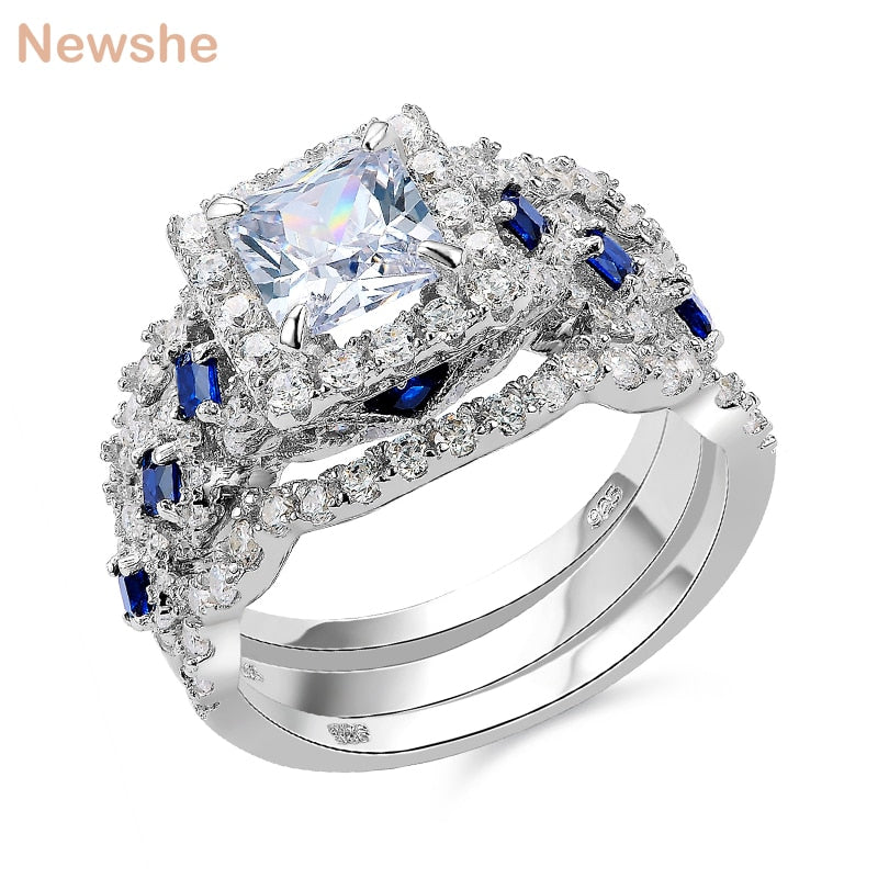 Newshe Wedding Ring Sets Classic Jewelry 3 Pcs 925 Sterling Silver 2.6Ct White Blue AAA CZ Engagement Rings For Women JR4972